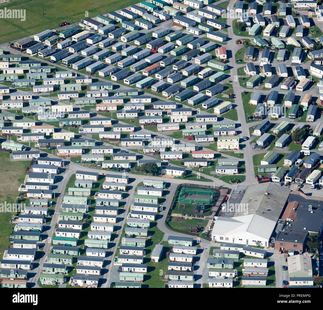 Una veduta aerea di un Mobile Home Park, Morecambe, North West England, Regno Unito Foto Stock