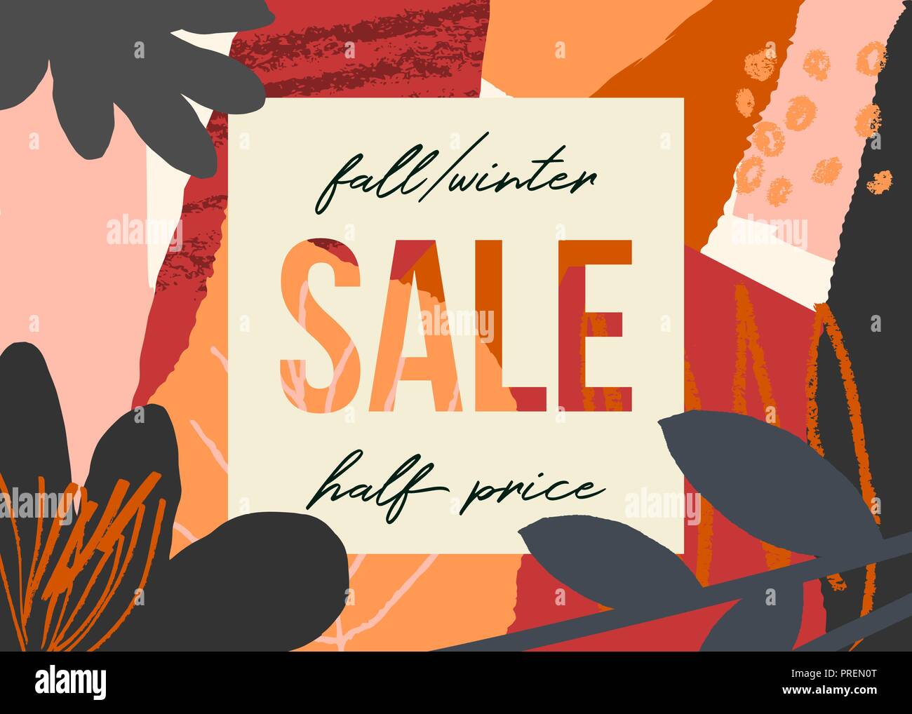 Autunno design con forme astratte e foglie in arancione, giallo, rosa, rosso e marrone e square etichetta con testo di vendita. Illustrazione Vettoriale