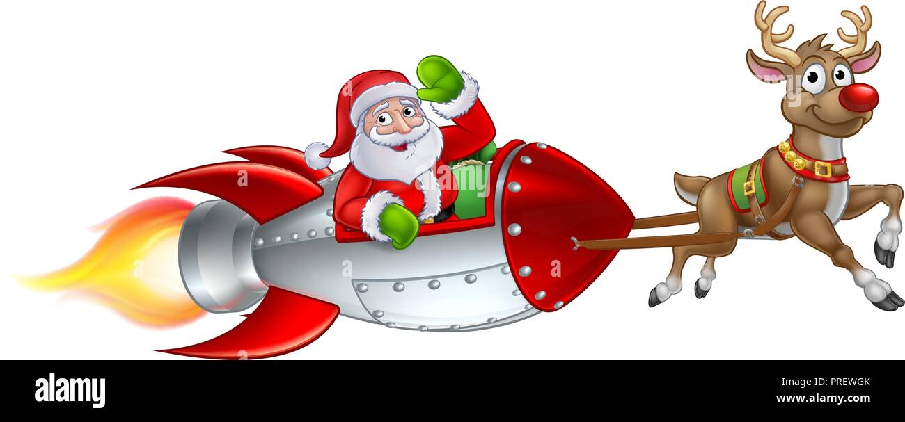 Santa Rocket Sleigh Cartoon di Natale Illustrazione Vettoriale