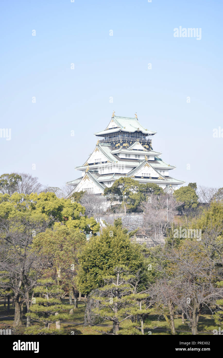 Vista del castello di Osaka dal fossato pareti Foto Stock