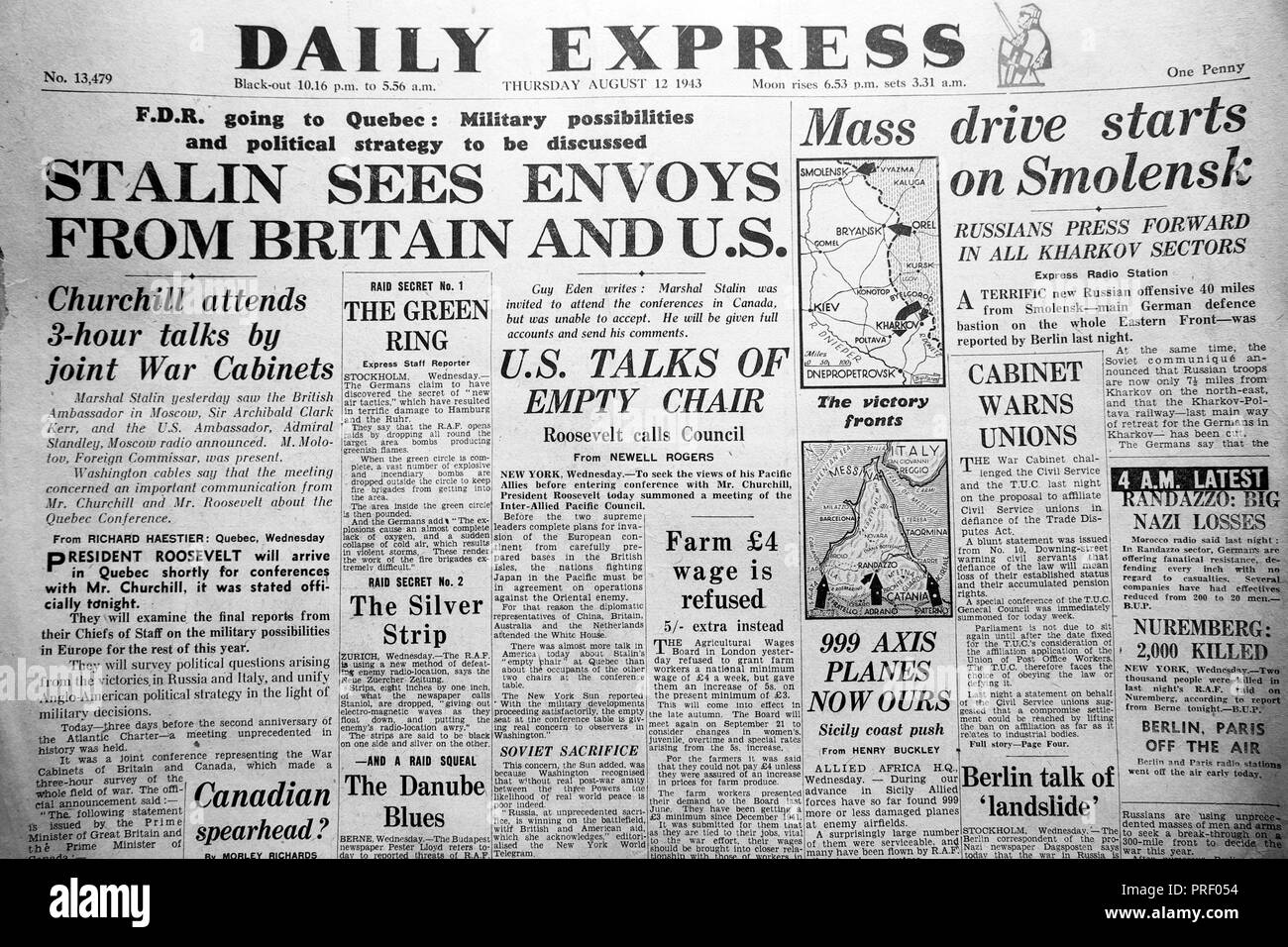 'Stalin vede inviati dalla Gran Bretagna e Stati Uniti' prima pagina dei giornali del Daily Express newspaper Agosto 12 1943 Londra UK archivio storico Foto Stock