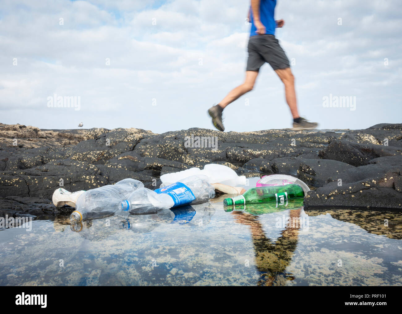 Basso angolo vista del pareggiatore passato in esecuzione le bottiglie di plastica in spiaggia costiera rockpool, Foto Stock