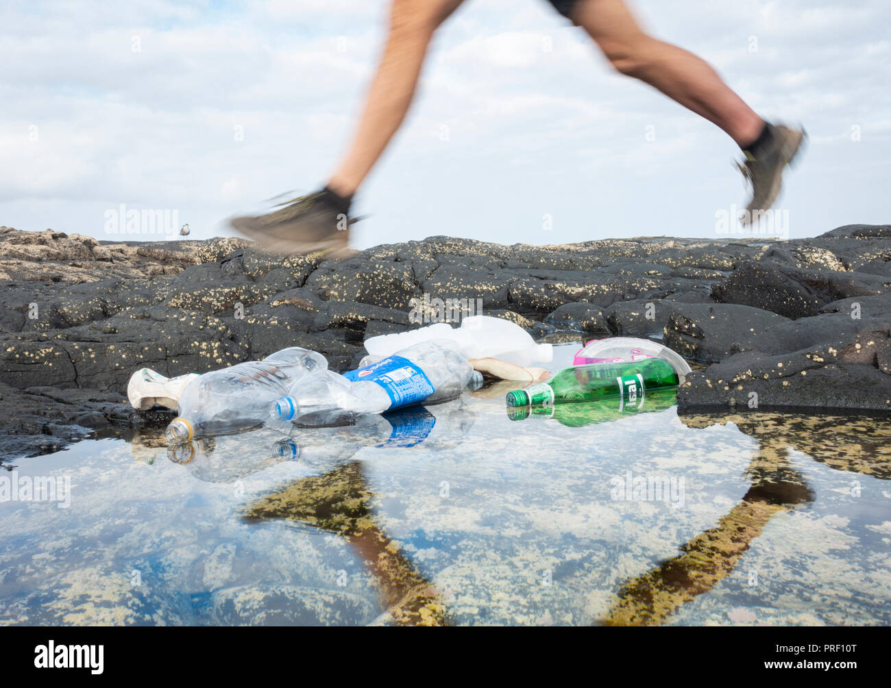 Basso angolo vista del pareggiatore passato in esecuzione le bottiglie di plastica in spiaggia costiera rockpool, Foto Stock
