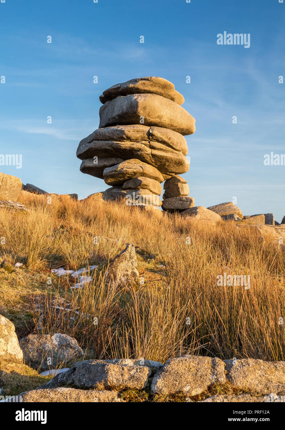 Pietre nel tardo pomeriggio di luce, il Cheesewring, Bodmin Moor, Cornwall Foto Stock