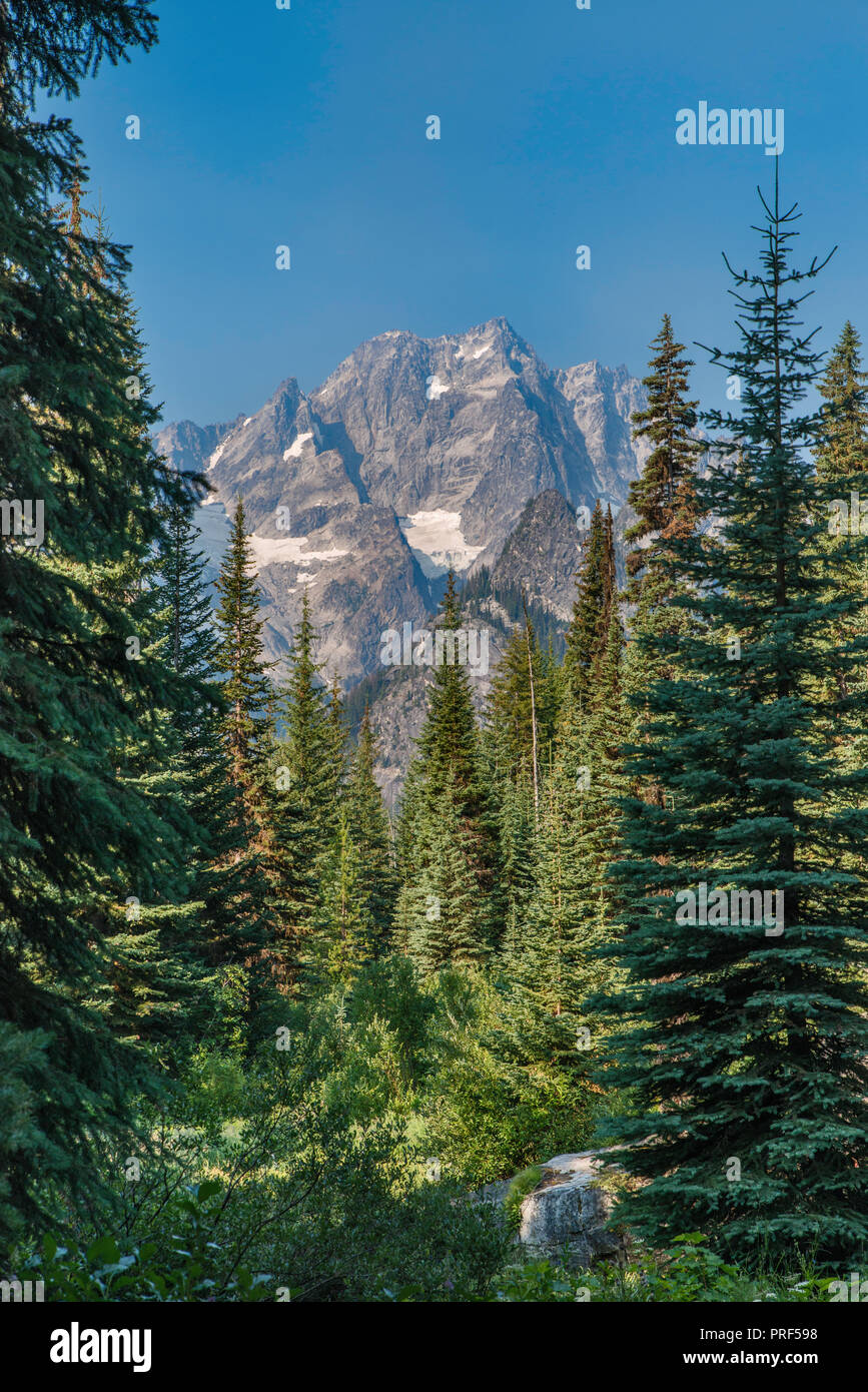 Montare Stuart massiccio, da Stuart Lago Trail, Alpine Lakes Wilderness, Central Cascades, nello stato di Washington, USA Foto Stock