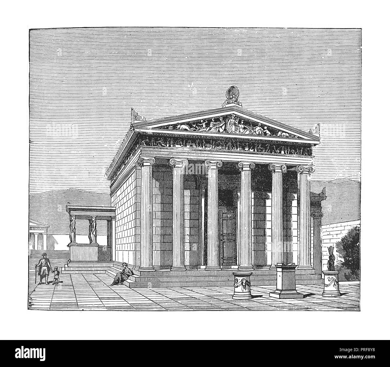 Originale opera d'arte (incisione) dell'Erechtheion, un edificio nell'antica Atene, Grecia, un tempio di Poseidone. Pubblicato in una storia pittorica delle grandi nazioni del mondo: Dalle prime date al presente. (Charlotte M. Yonge Selmar Hess, New York, 1882). Foto Stock