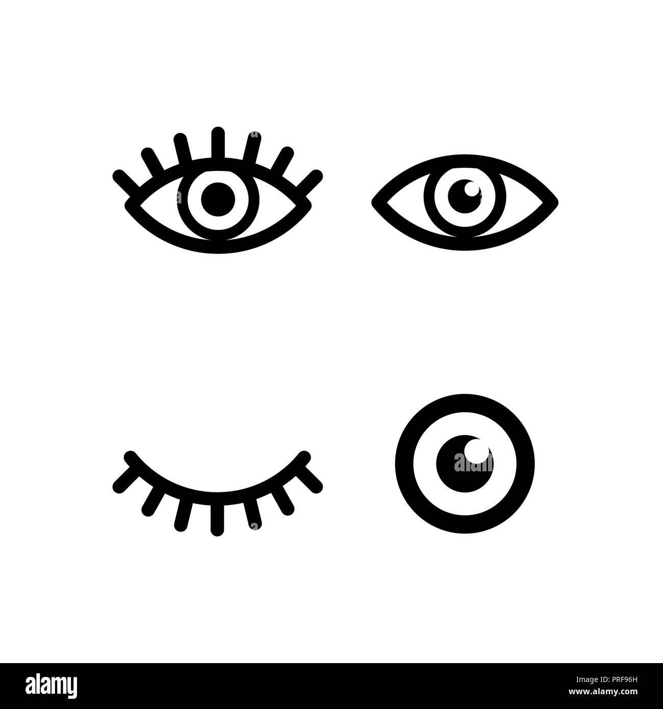 Insieme di diversi occhio con pupilla e ciglia segni, semplici icone nere isolato su bianco Illustrazione Vettoriale