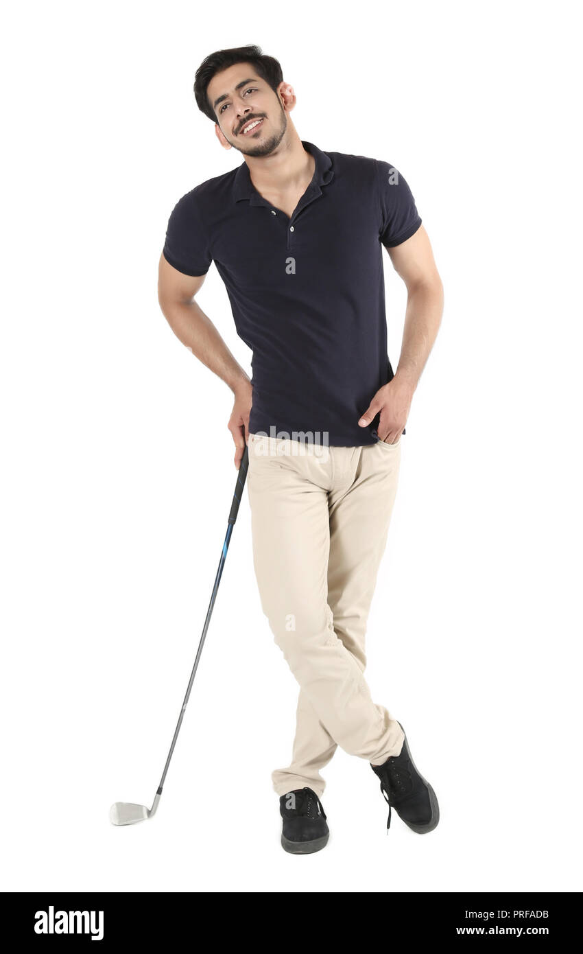 Immagine di smart giovane ragazzo in piedi con bastone da golf e faccia sorridere. Isolato su sfondo bianco. Foto Stock