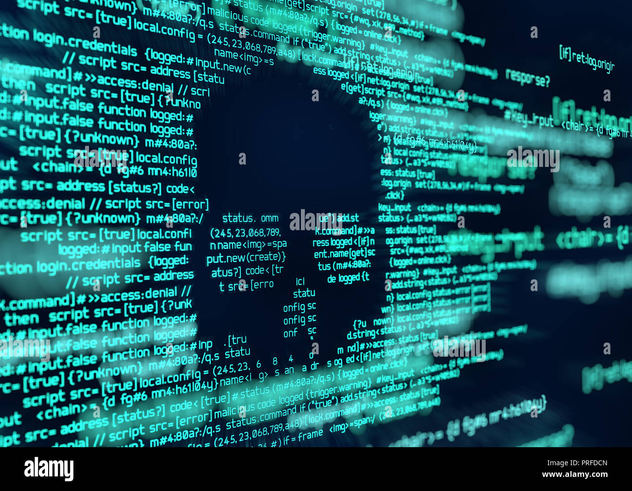 Computer codice di script e sistema di attacchi di hacking. Concettuale di sicurezza online e background di sicurezza Foto Stock