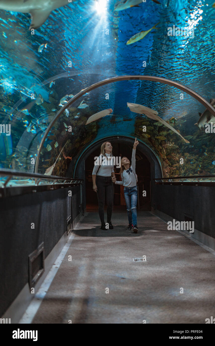 Felice madre e figlia a piedi attraverso tunnel oceanarium affascinato dal mondo dell'oceano. Foto Stock