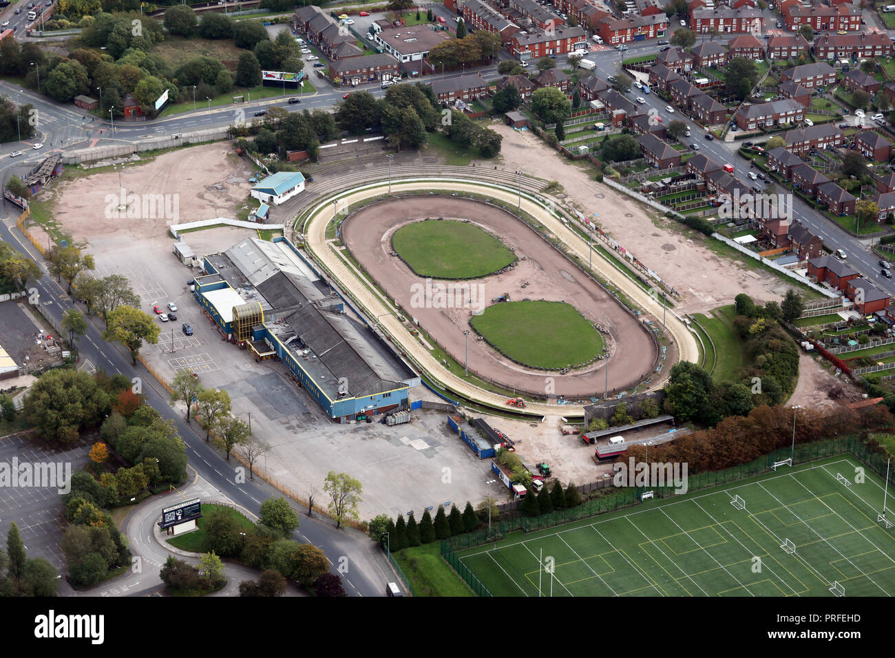Vista aerea del Cinodromo Belle Vue Stadium e Manchester Foto Stock