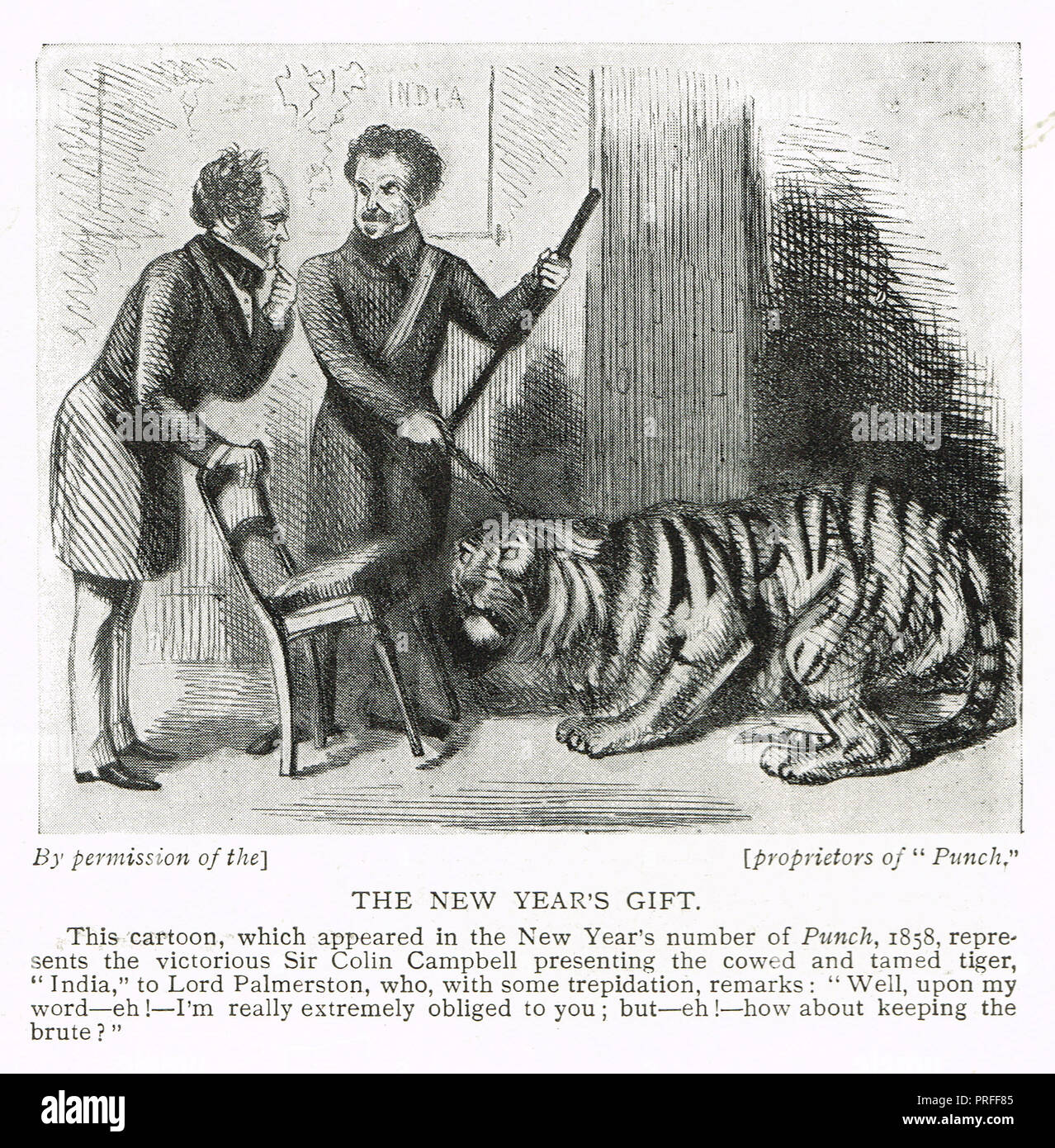 Punch cartoon con , con Lord Palmerston, Sir Colin Campbell, cui fa riferimento la Sepoy ammutinamento di 1857, intitolato il nuovo anno di dono, India è rappresentato da un intimidito tiger Foto Stock