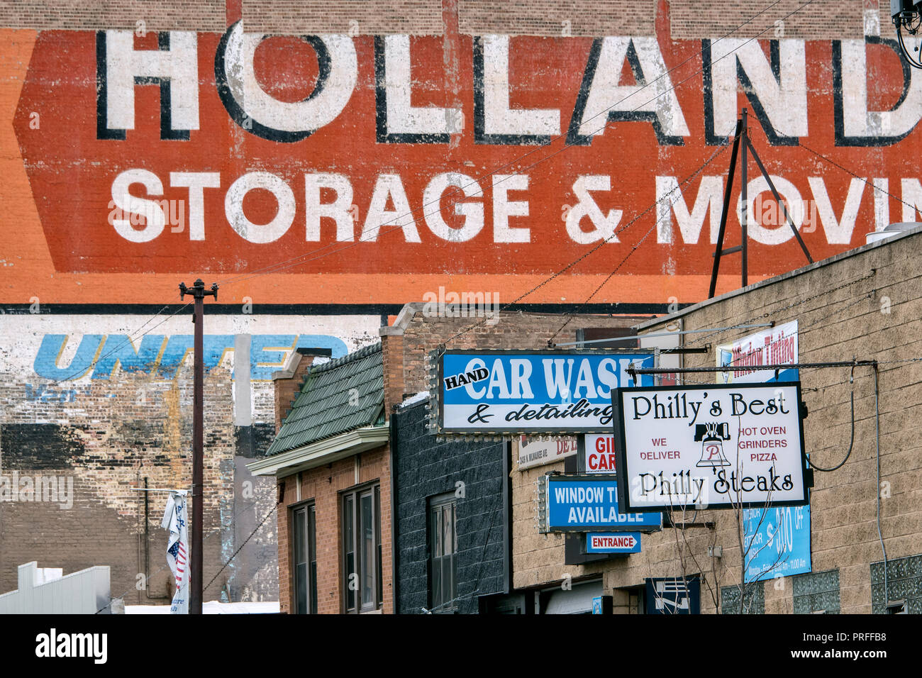 Annunci pubblicitari su edificio, Logan Square, Chicago, Illinois, Stati Uniti d'America Foto Stock