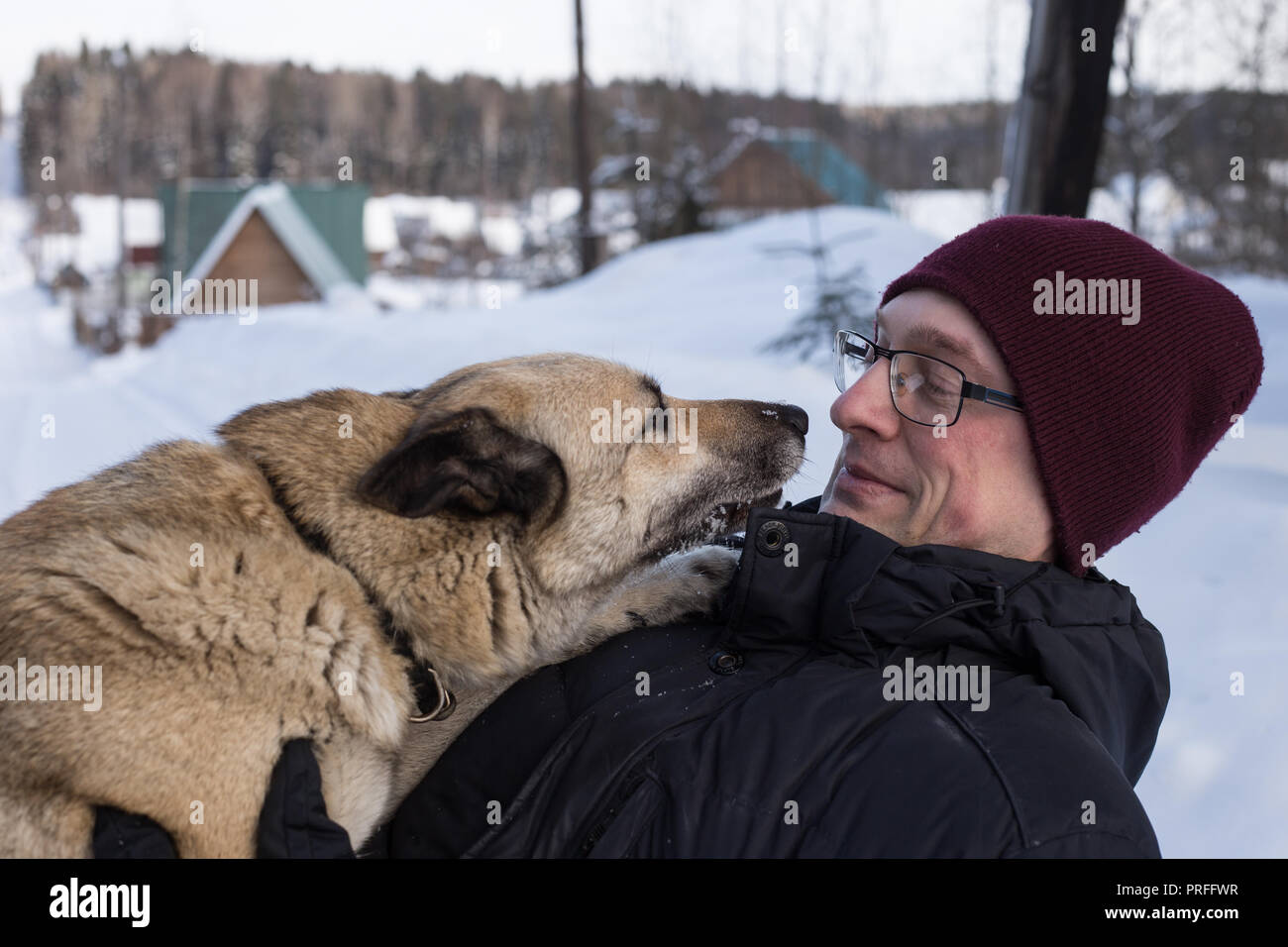 Uomo che cammina con il cane tempo invernale con neve nella foresta. Foto Stock