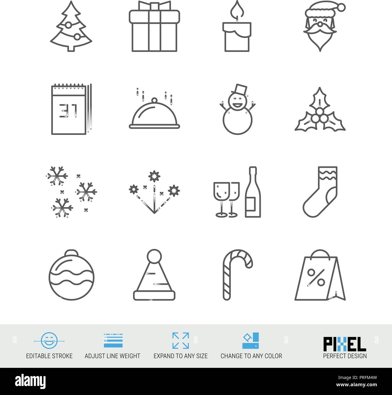 Buon Natale e Felice Anno Nuovo vettore riga set di icone. Simboli lineari, pittogrammi, segni. Pixel Design perfetto. Corsa modificabile. Regolare il peso della linea. Espandere in qualsiasi dimensione. Modifica a qualsiasi