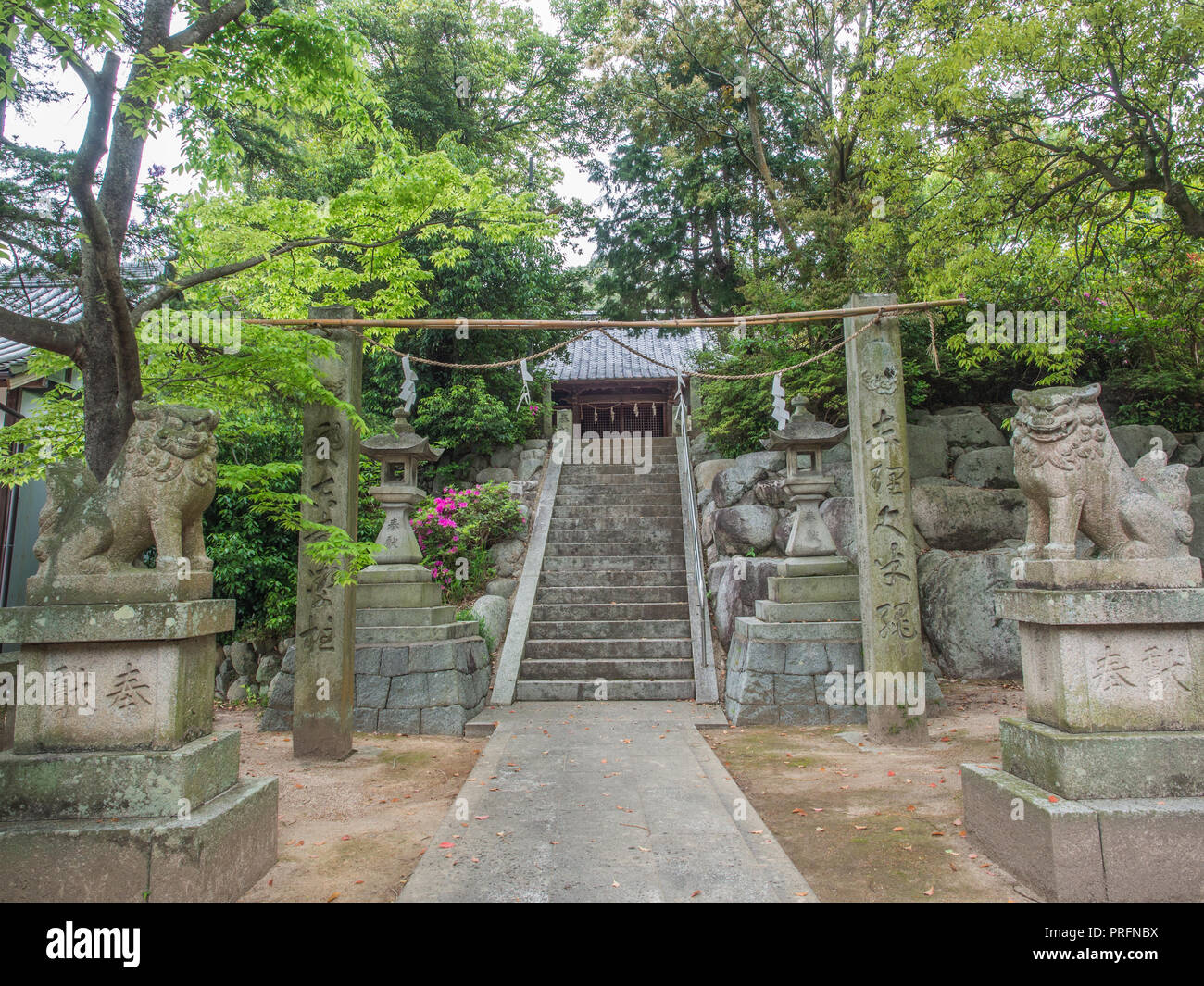 Ingresso al sacrario scintoista accanto al tempio di Kokubunji 59, 88 tempio pellegrinaggio, Ehime Shikou, Giappone Foto Stock