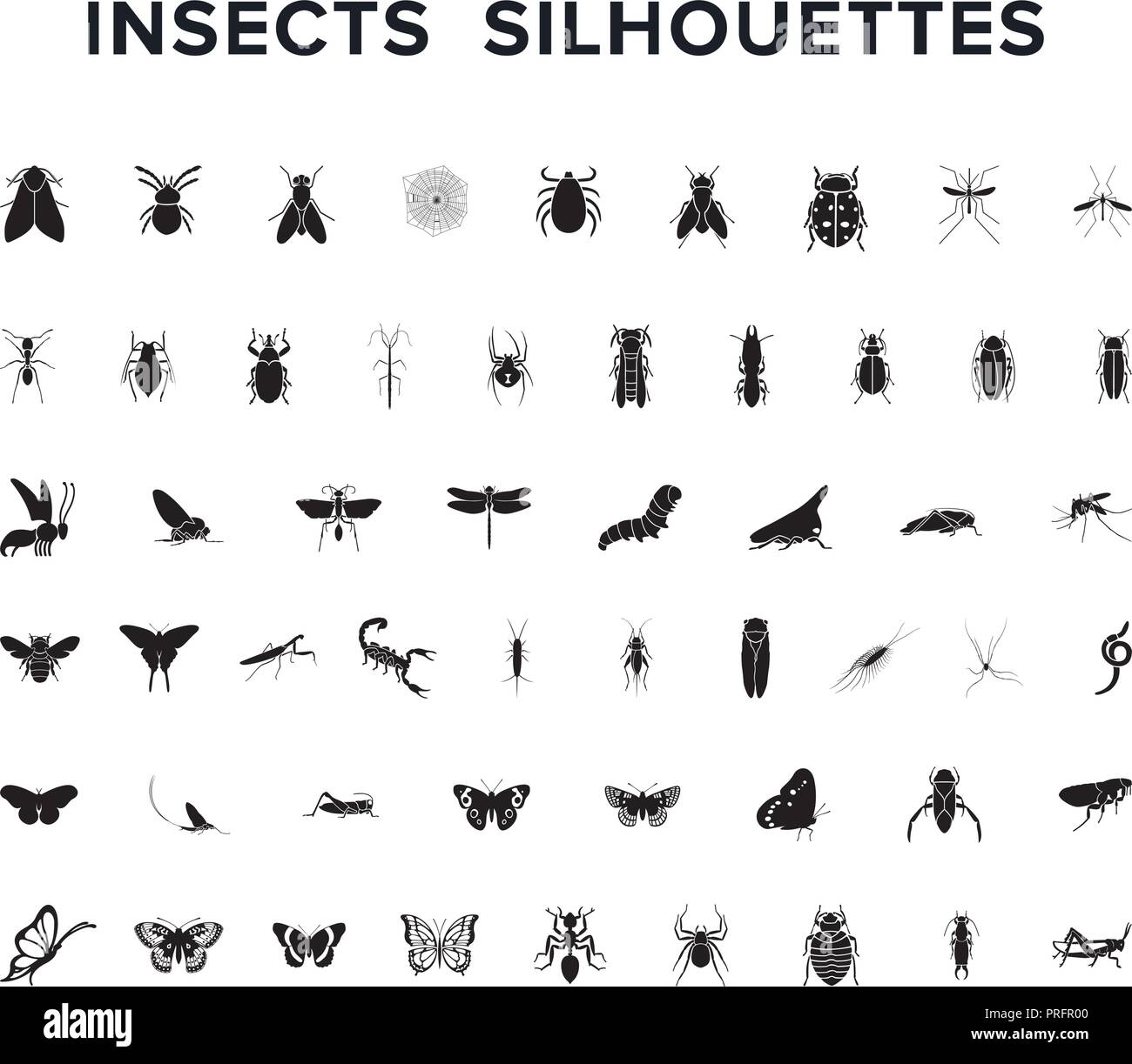 Set di vettore di insetto silouettes isolato su bianco Illustrazione Vettoriale