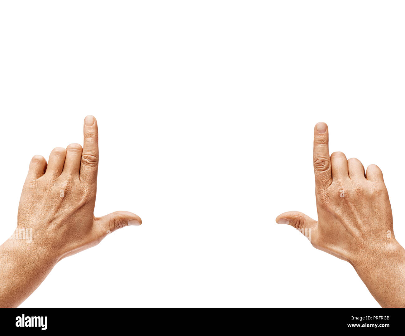 Pianificazione del futuro. Close up delle mani dell'uomo facendo gesto di telaio isolato su sfondo bianco. Copia spase. Alta risoluzione prodotto Foto Stock