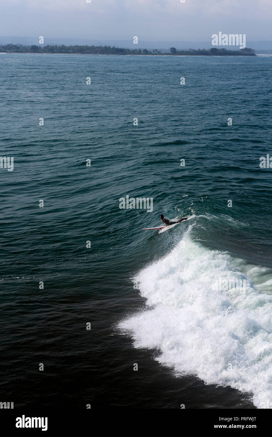 Longboard surf un ondata di Batu Karas, Java, Indonesia Foto Stock