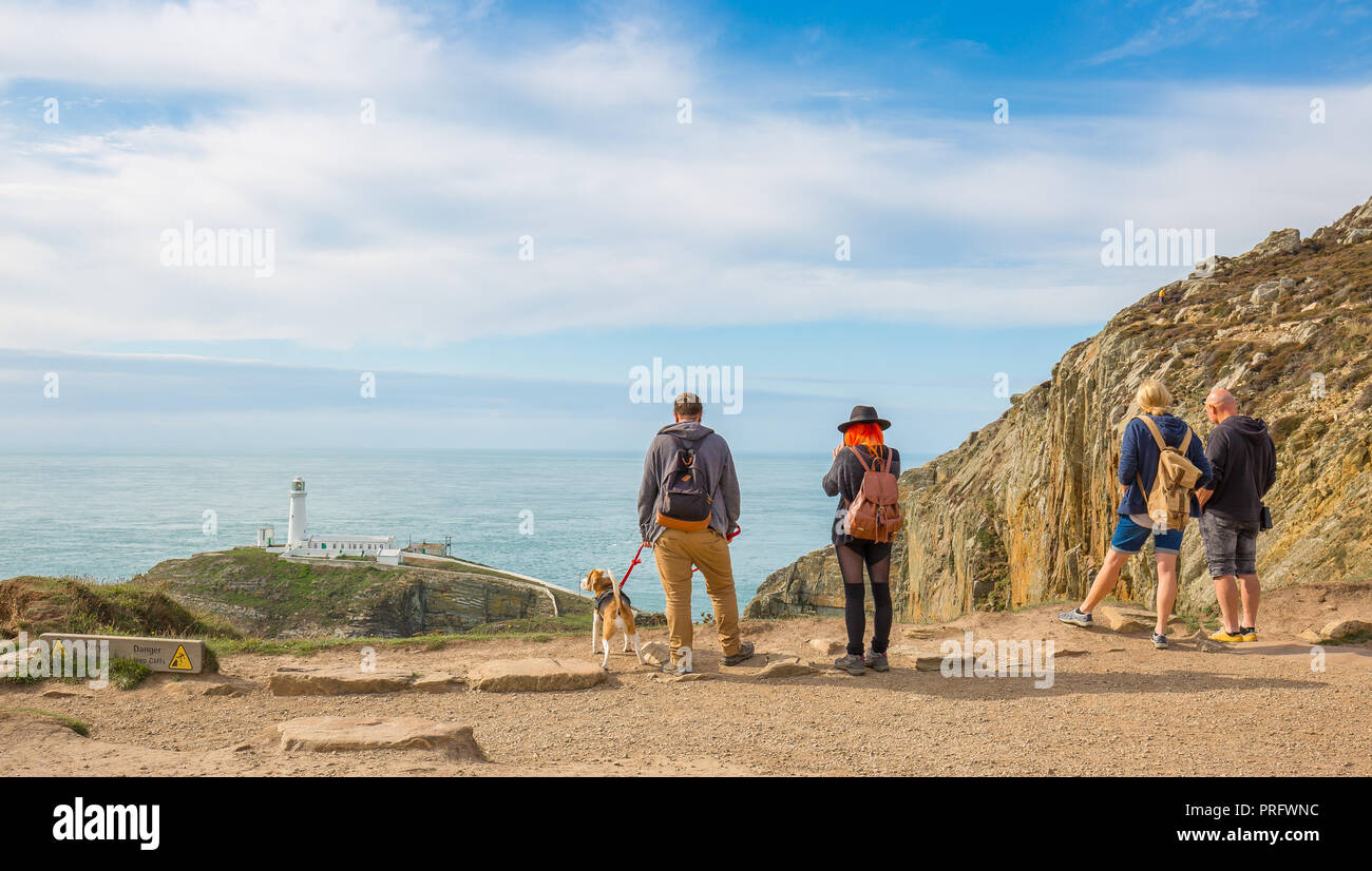 Vista posteriore del popolo stava in piedi al sole (A RSPB Sud pila scogliere) fissando il paesaggio: guardando fuori in mare a sud del faro di stack, Anglesey, Regno Unito. Foto Stock