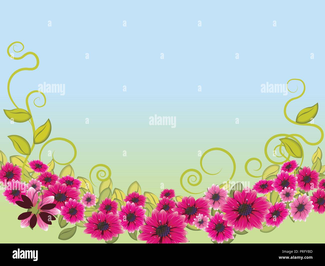 Floral primavera o estate paesaggio, prato con fiori, cielo blu e farfalle Illustrazione Vettoriale