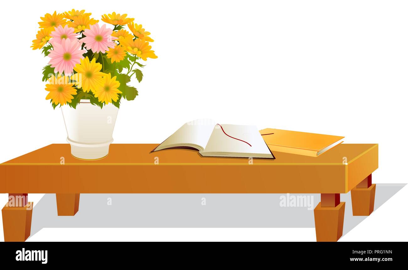Illustrazione di isolato di vaso di fiori con tavolo Illustrazione Vettoriale