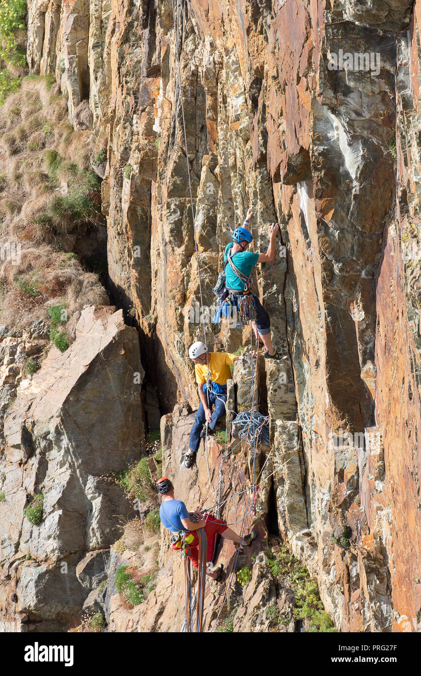 Ritratto cattura, tre uomini godendo di sfida di sport estremo attività: la discesa in corda doppia e le arrampicate su roccia su rockface a sud scogliere di stack, Anglesey, Regno Unito. Foto Stock