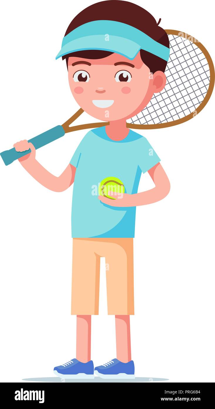 Cartoon boy in piedi con una palla da tennis e delle racchette Illustrazione Vettoriale