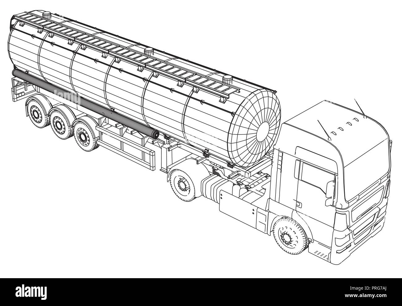 Schizzo di un carrello con un vettore del serbatoio. Creato illustrazione di 3d. Filo-telaio Illustrazione Vettoriale