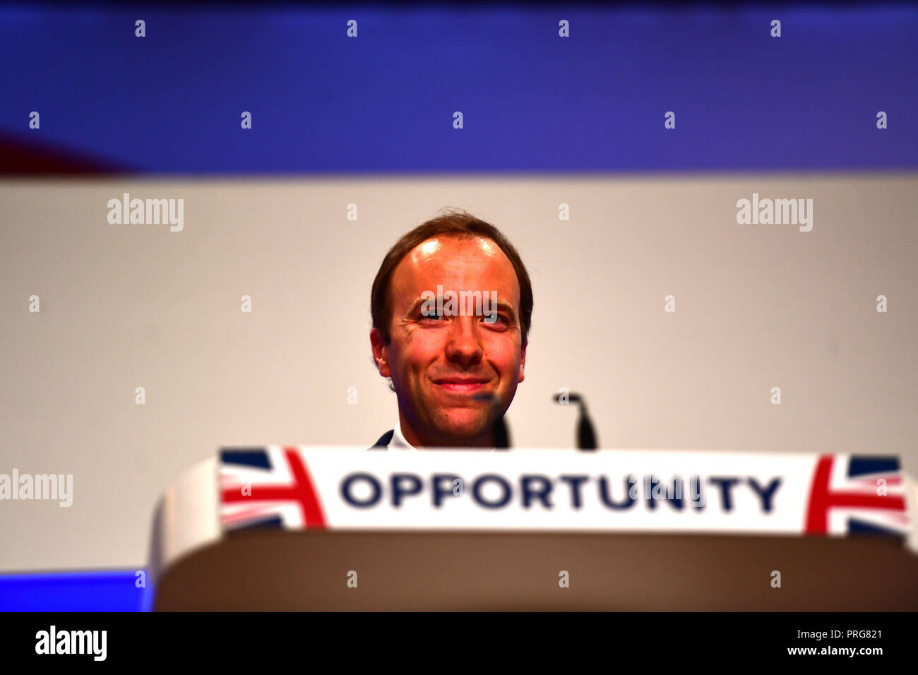 Matthew Hancock durante il Partito Conservatore conferenza annuale presso il Centro Convegni Internazionale di Birmingham. Foto Stock