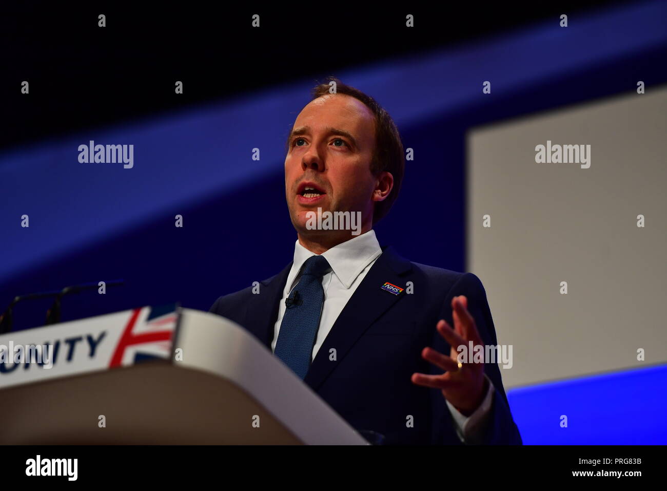 Matthew Hancock durante il Partito Conservatore conferenza annuale presso il Centro Convegni Internazionale di Birmingham. Foto Stock