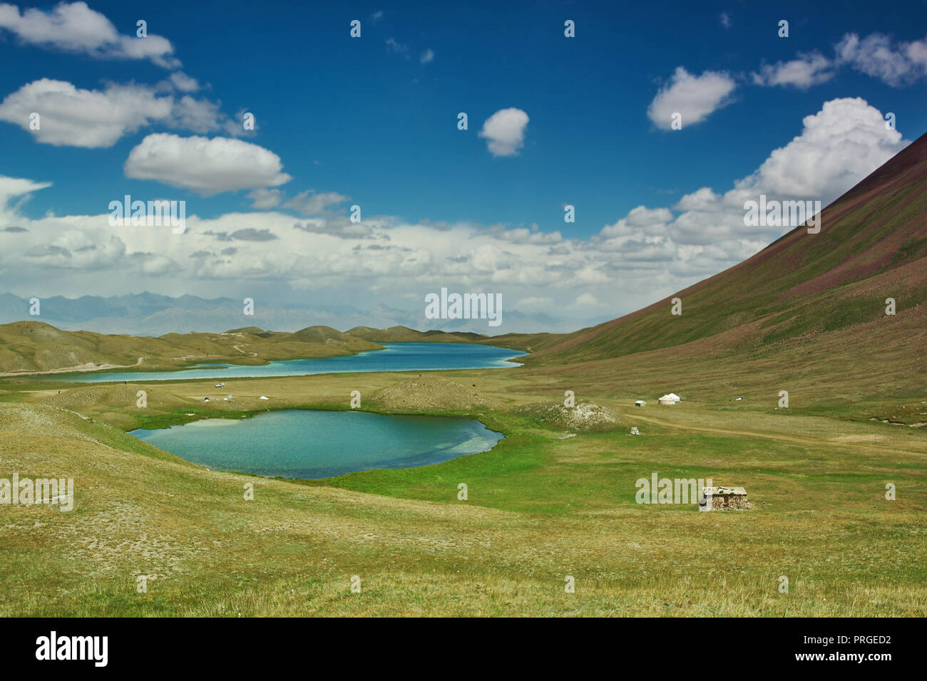 Alay valle della regione in materia di SSL, Kirghizistan, cielo blu su alcuni piccoli bellissimi laghi Foto Stock
