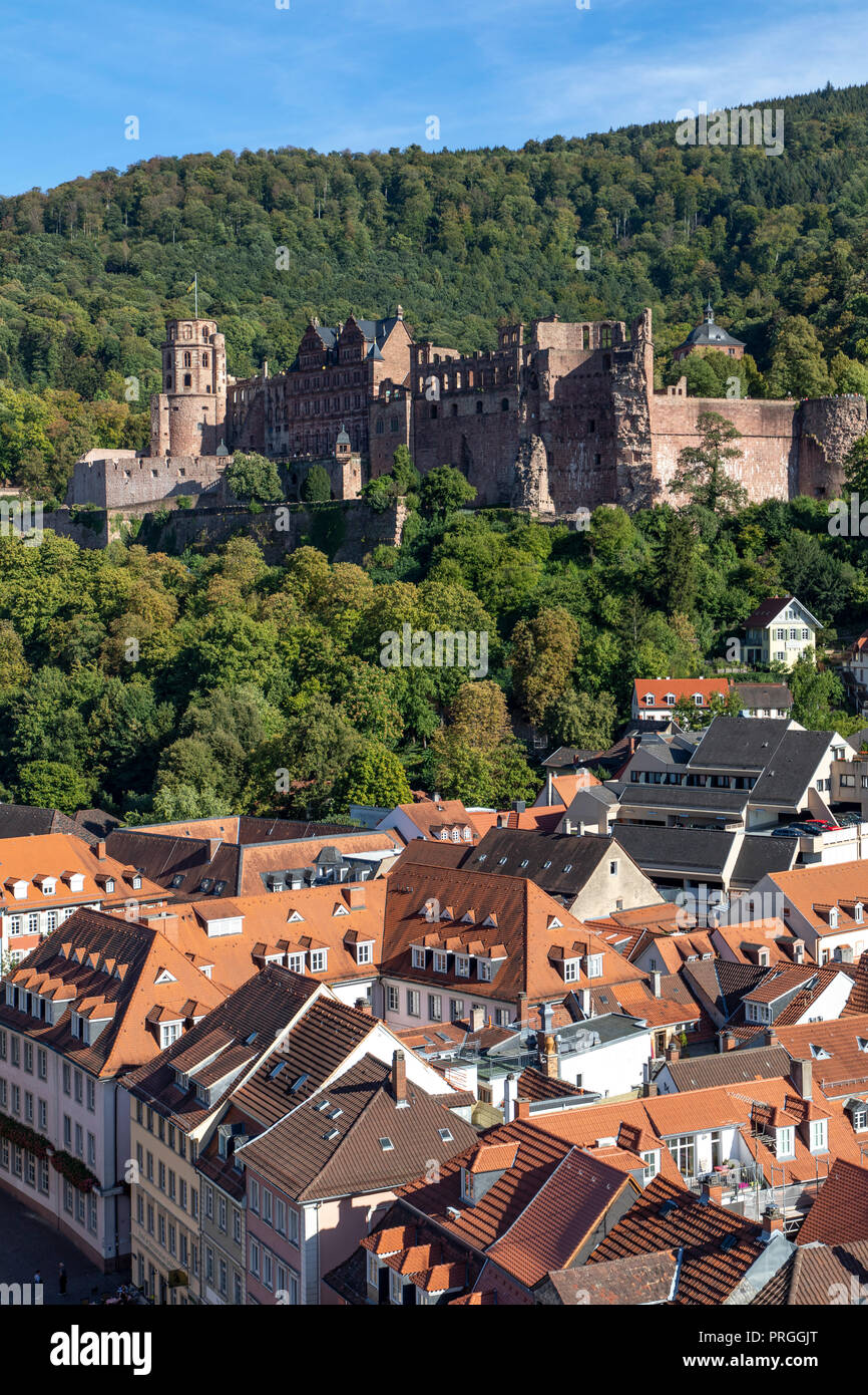 Vista sulla città vecchia di Heidelberg, con il castello di Heidelberg, Neckar, Germania Foto Stock