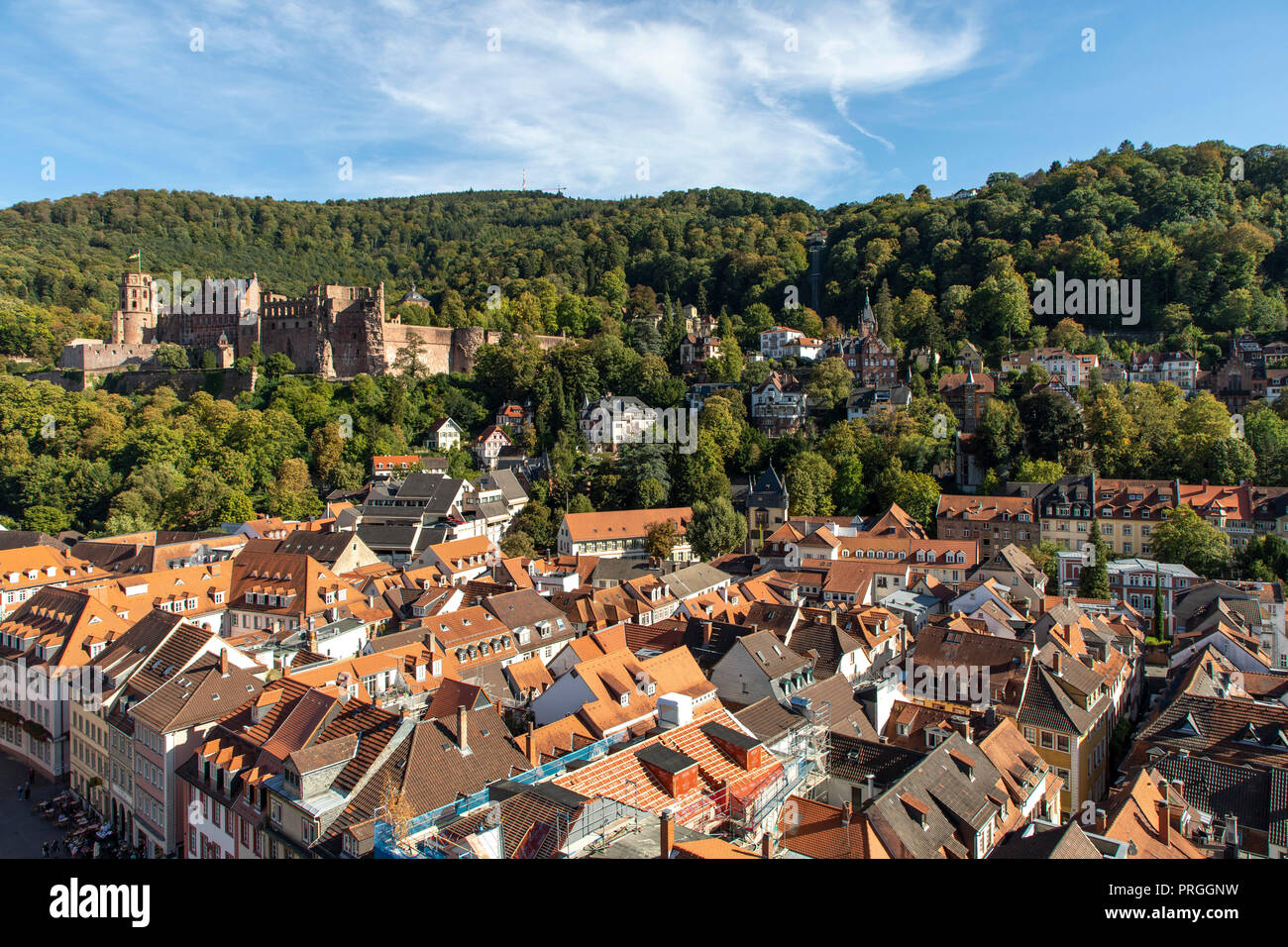 Vista sulla città vecchia di Heidelberg, con il castello di Heidelberg, Neckar, Germania Foto Stock