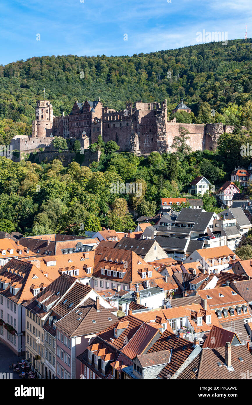 Vista sulla città vecchia di Heidelberg, con il castello di Heidelberg, Neckar, Germania Foto Stock