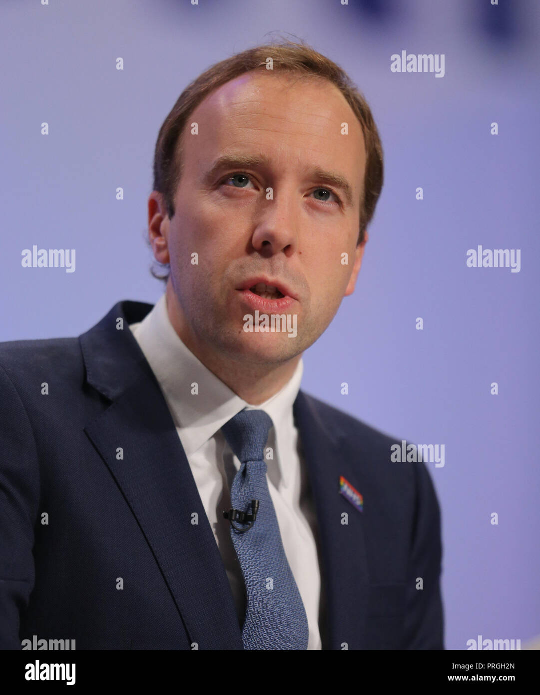 Birmingham, Regno Unito. 2 Ottobre, 2018. Matthew Hancock Mp il Segretario di Stato per la salute e la cura sociale congresso del Partito Conservatore 2018 CPI, Birmingham, Inghilterra 02 ottobre 2018 risolve il congresso del Partito Conservatore 2018 all'ICC, Birmingham, Inghilterra Credito: Allstar Picture Library/Alamy Live News Foto Stock