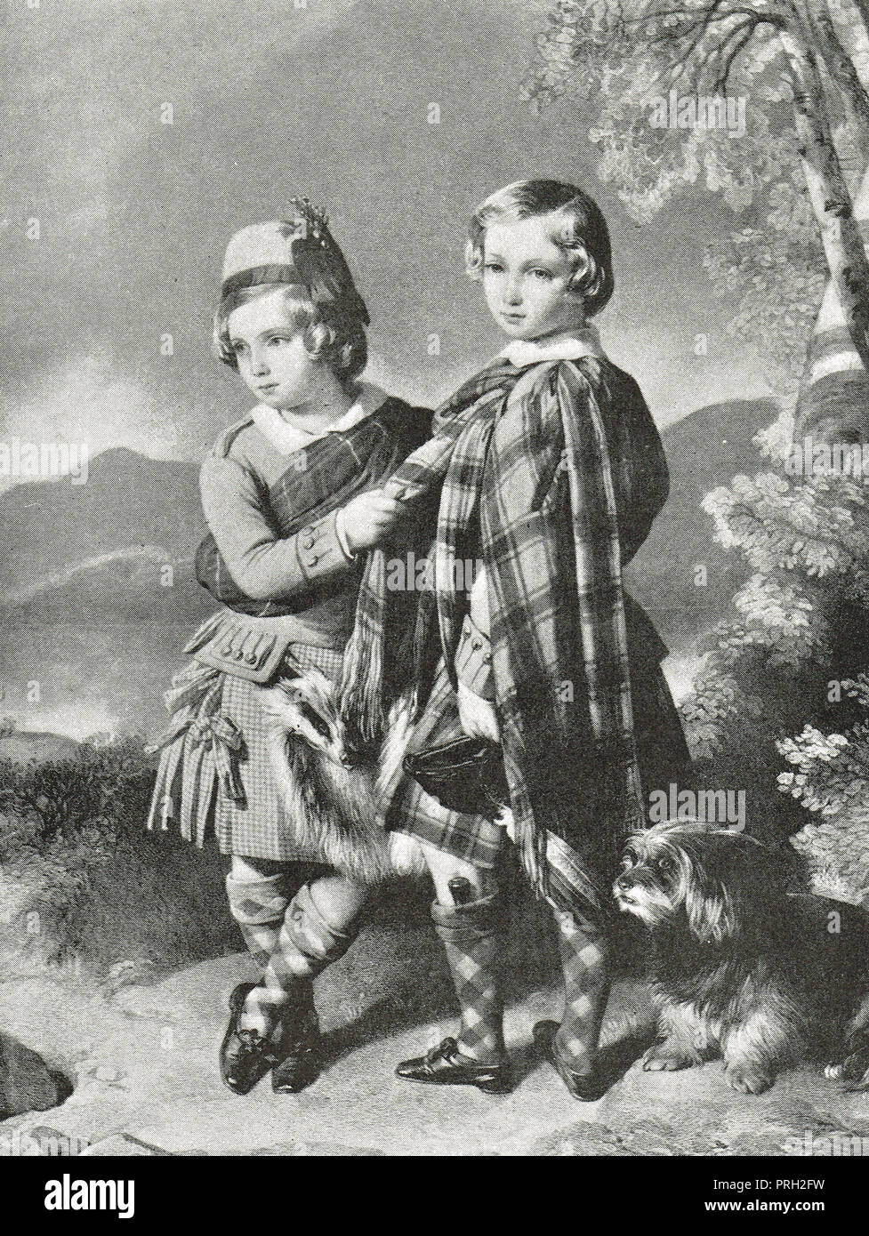 Prince Albert Edward, Principe di Galles, futuro re Edoardo VII, con il suo fratello più giovane Alfred, in highland dress, nel 1849 Foto Stock