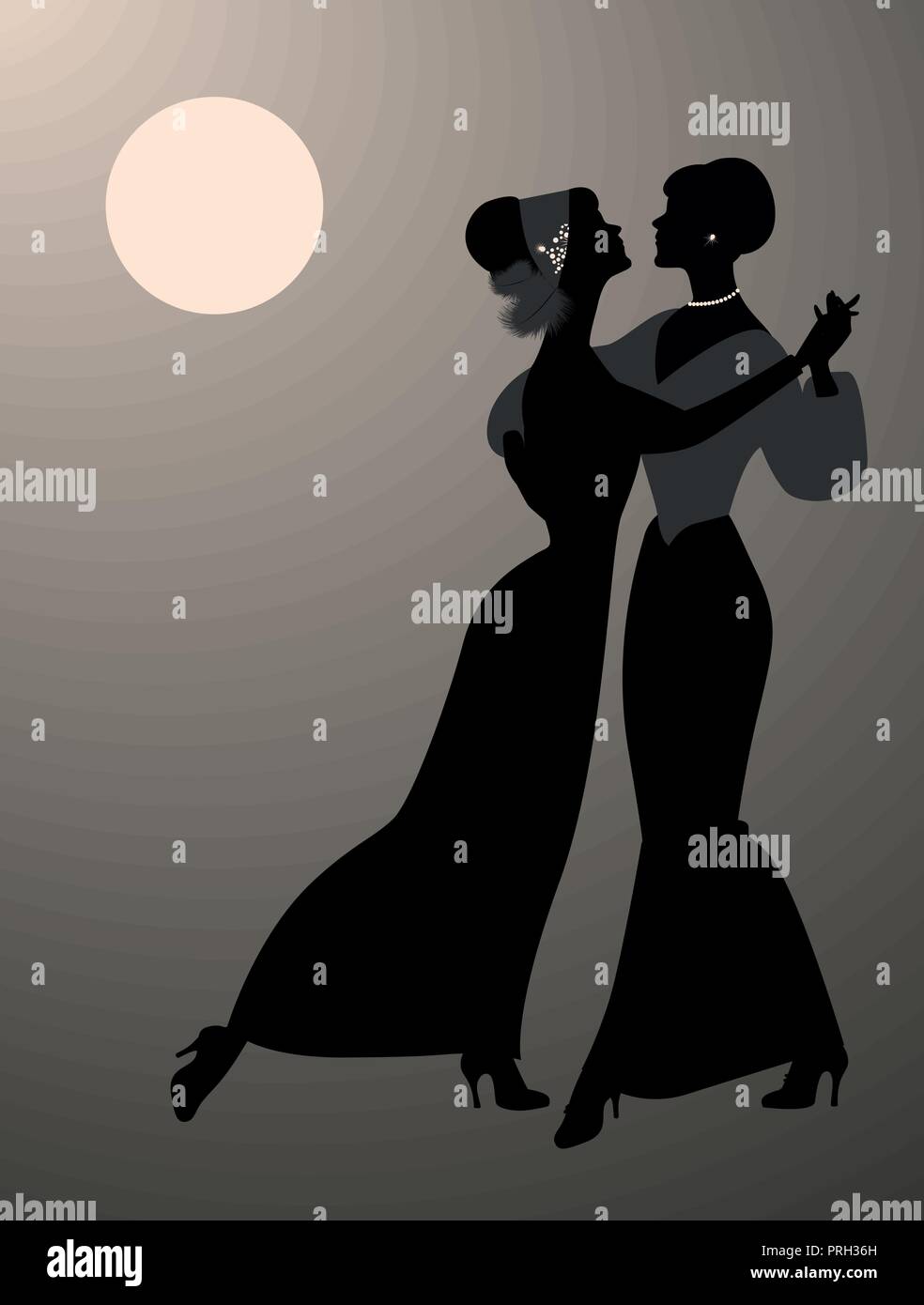 Sagome di due donne che danzano insieme sotto la luna e usura del XIX secolo i vestiti. Queer dancing Illustrazione Vettoriale