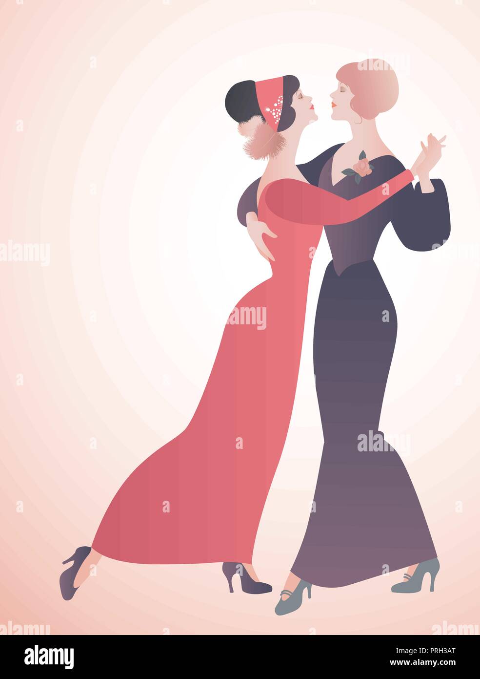 Due donne che danzano insieme e usura del XIX secolo i vestiti. Queer dancing Illustrazione Vettoriale
