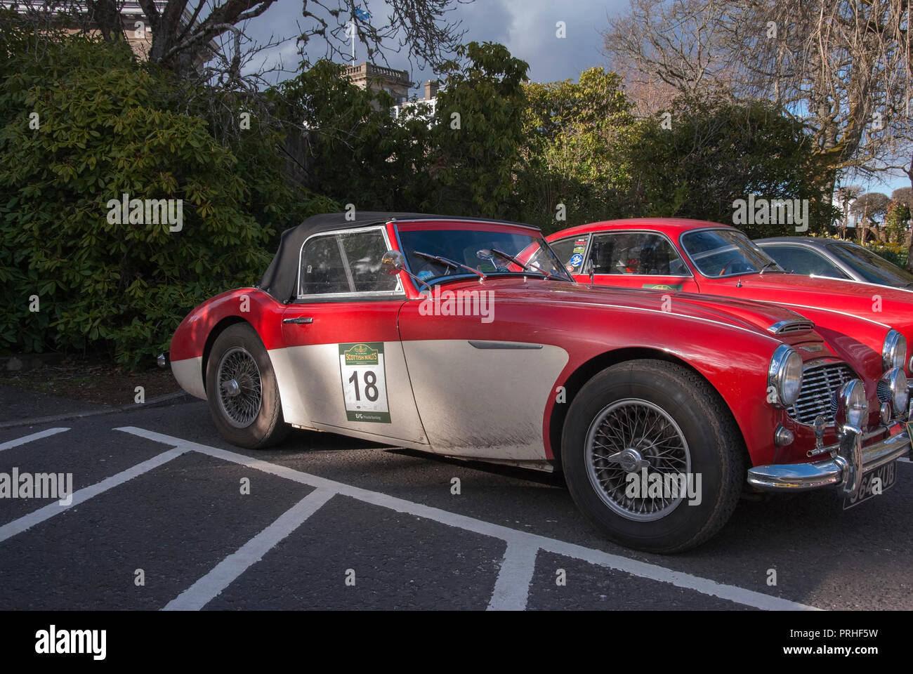 Red & White Austin Healey 3000 100/6 Sport Auto anteriore destro lato driver Vista fuorigioco del rosso e del bianco con guida a destra due porte di british convertire Foto Stock