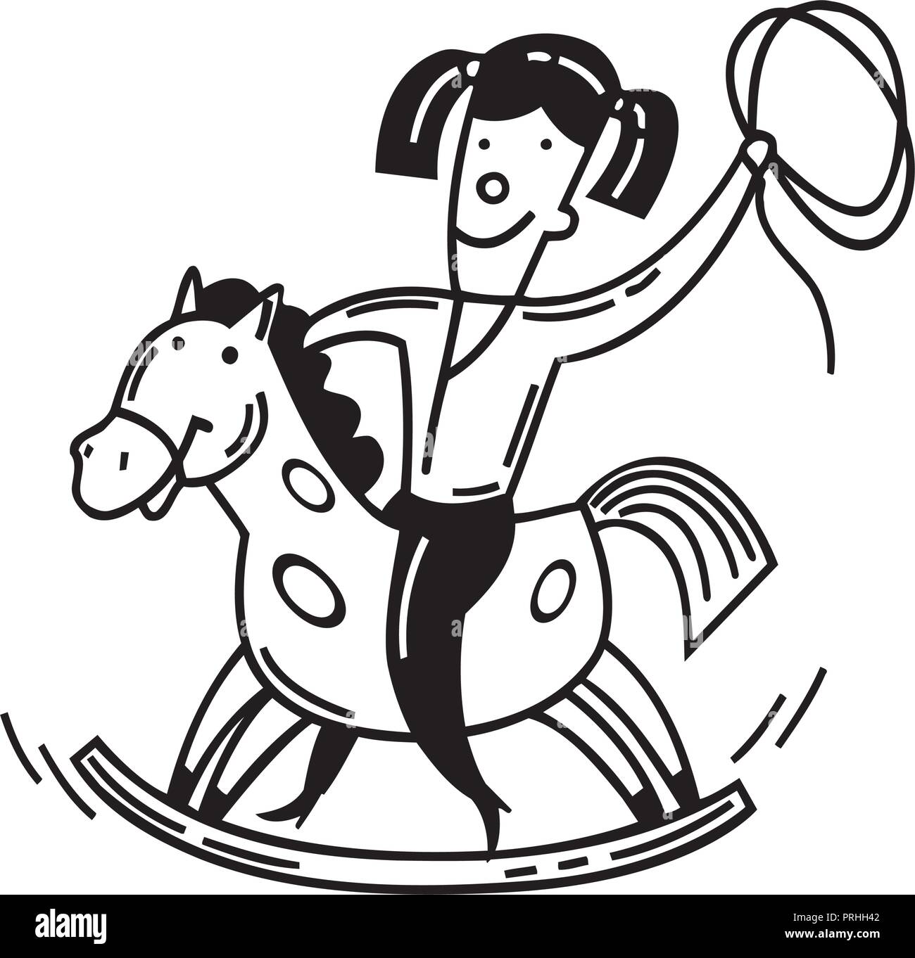 Felice piccolo bambino e un cavallo a dondolo. cartoon illustrazione vettoriale. Illustrazione Vettoriale