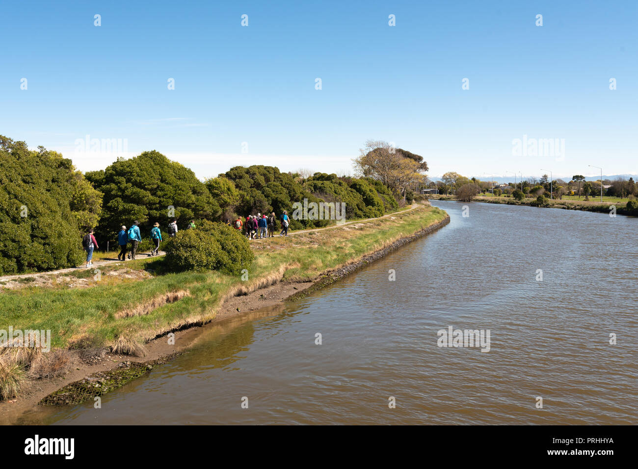 Gruppo a piedi dal fiume Avon, Christchurch, Nuova Zelanda. Foto Stock