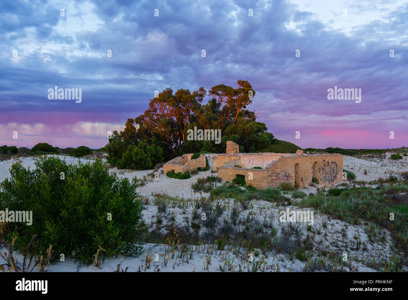 Le rovine della storica Eucla la stazione del telegrafo coperte con lo spostamento di sabbia battente. Nullabor Plain Australia Occidentale Foto Stock