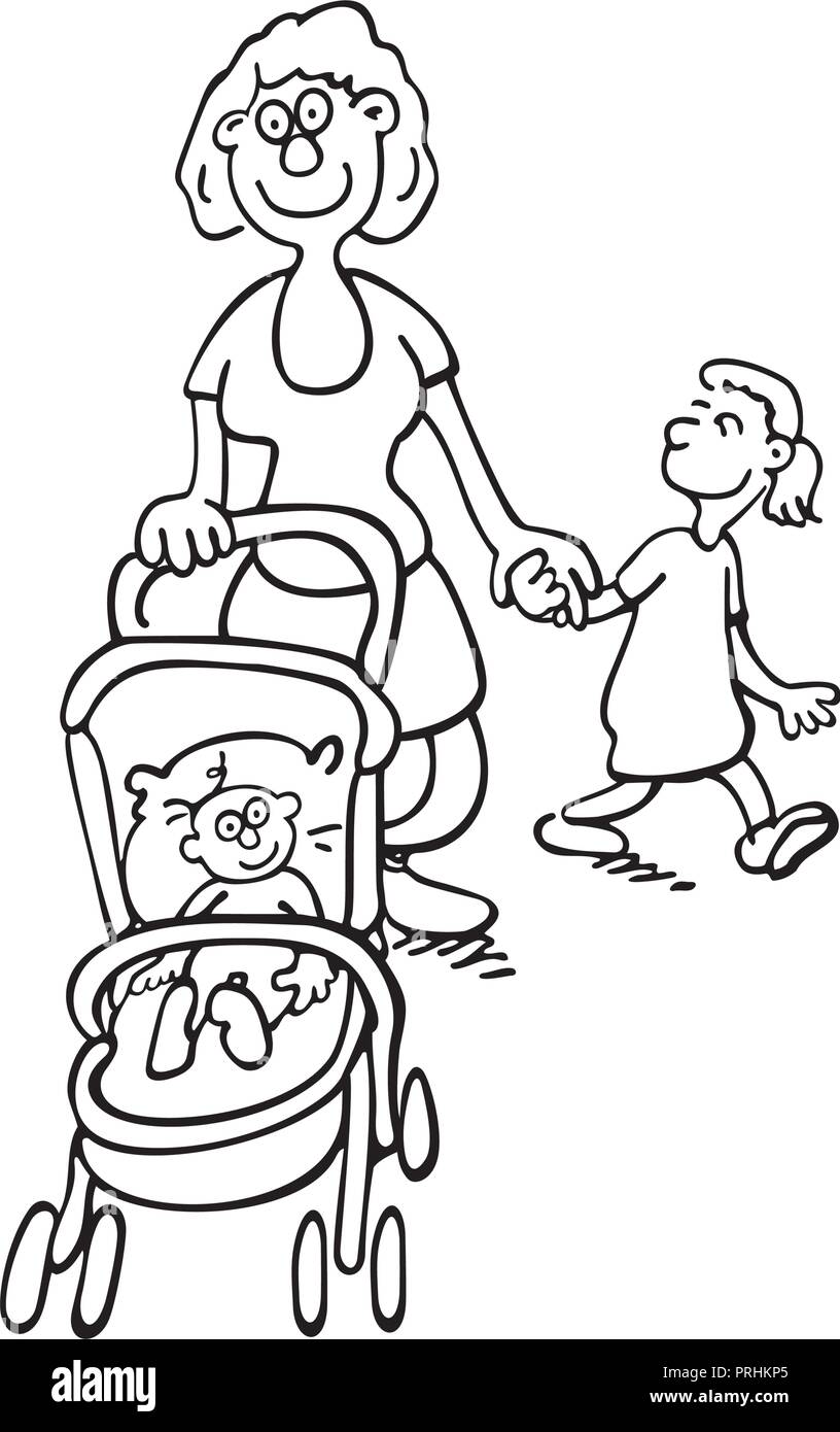 Le madri illustrazione di parenting. madri baby push. . Delineato cartoon handrawn schizzo illustrazione vettore. Illustrazione Vettoriale