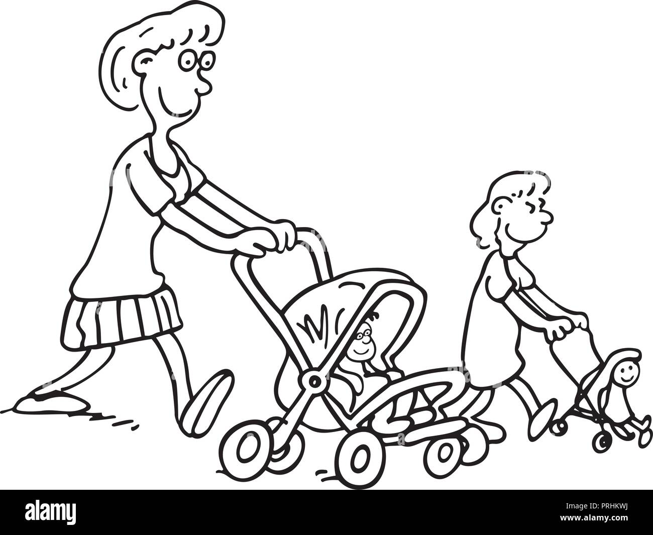 Le madri illustrazione di parenting. madri baby push. . Delineato cartoon handrawn schizzo illustrazione vettore. Illustrazione Vettoriale