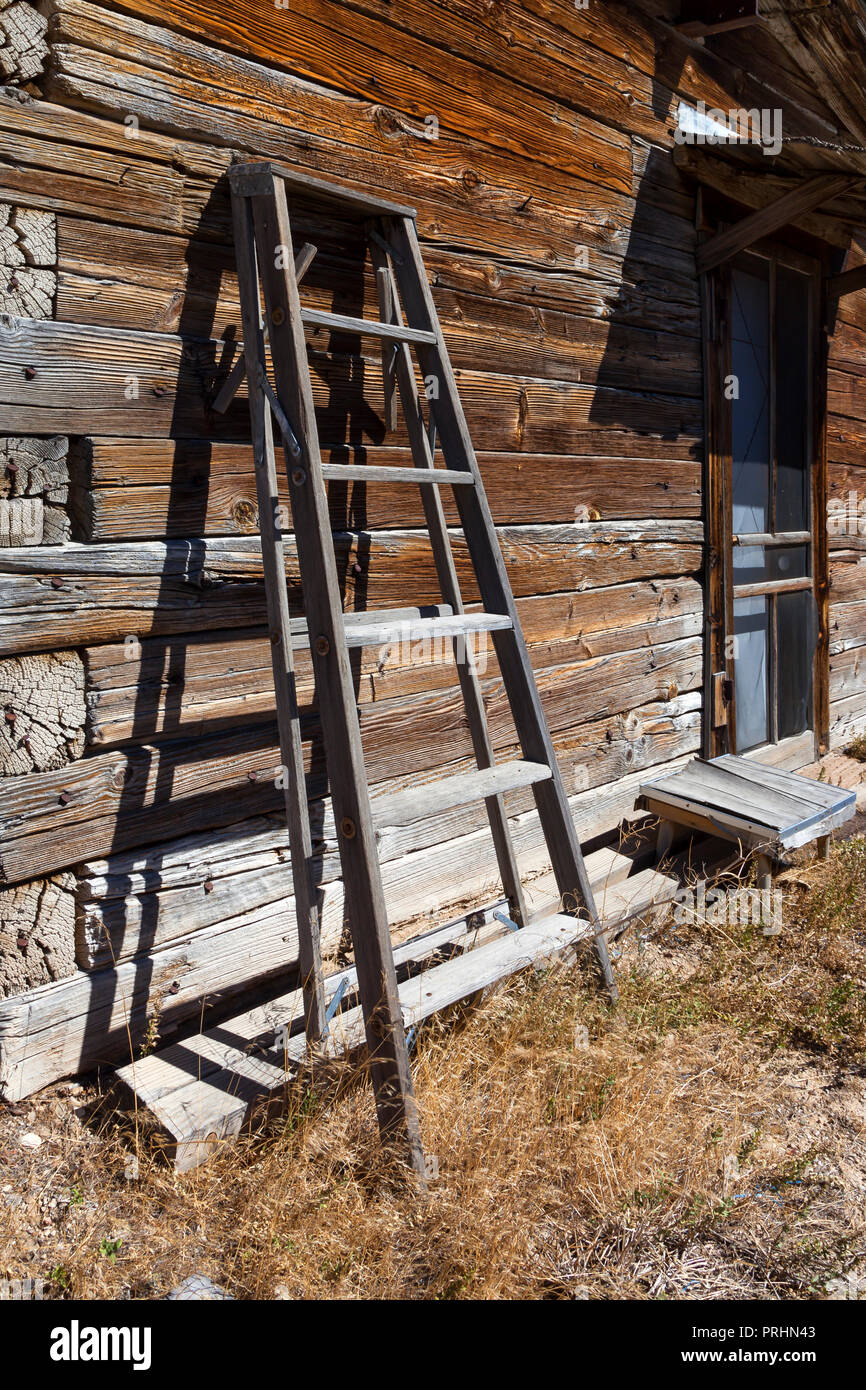 Una scala si appoggia contro un registro abbandonati capanna di legno in Cherry Creek, Nevada. Foto Stock