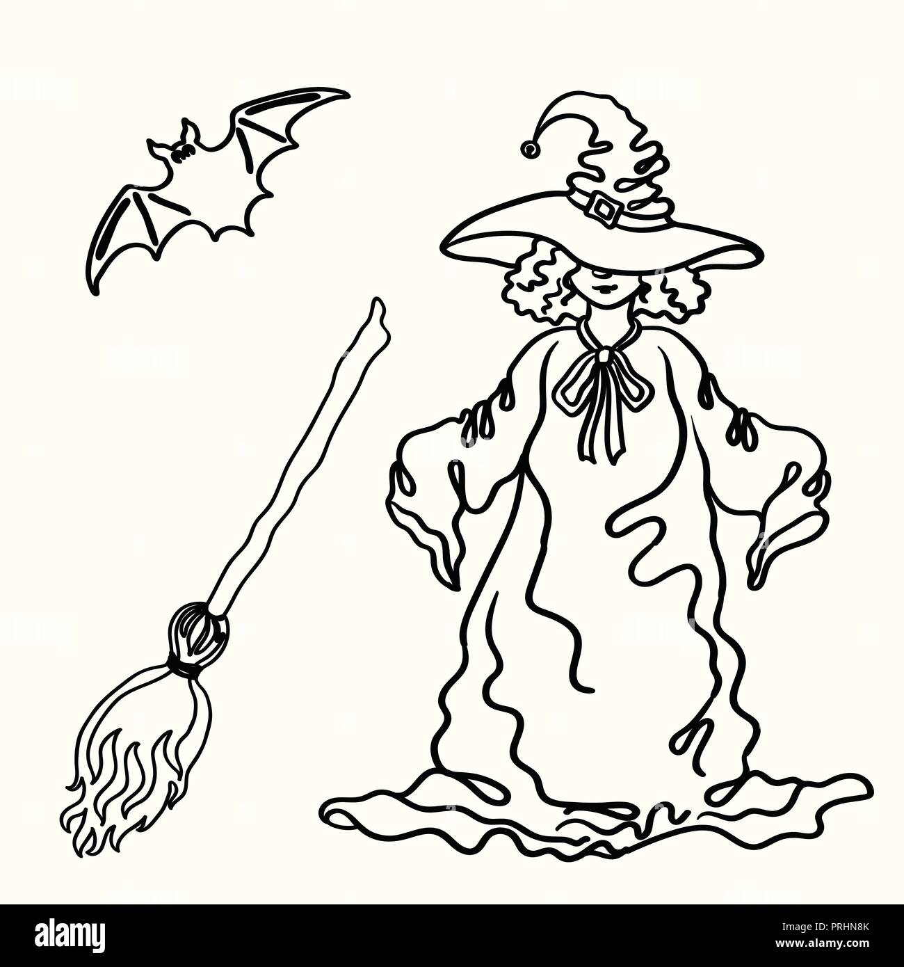 Vettore di Cartoon outline Witch Halloween, ginestra, bat silhouette isolati su sfondo bianco Illustrazione Vettoriale