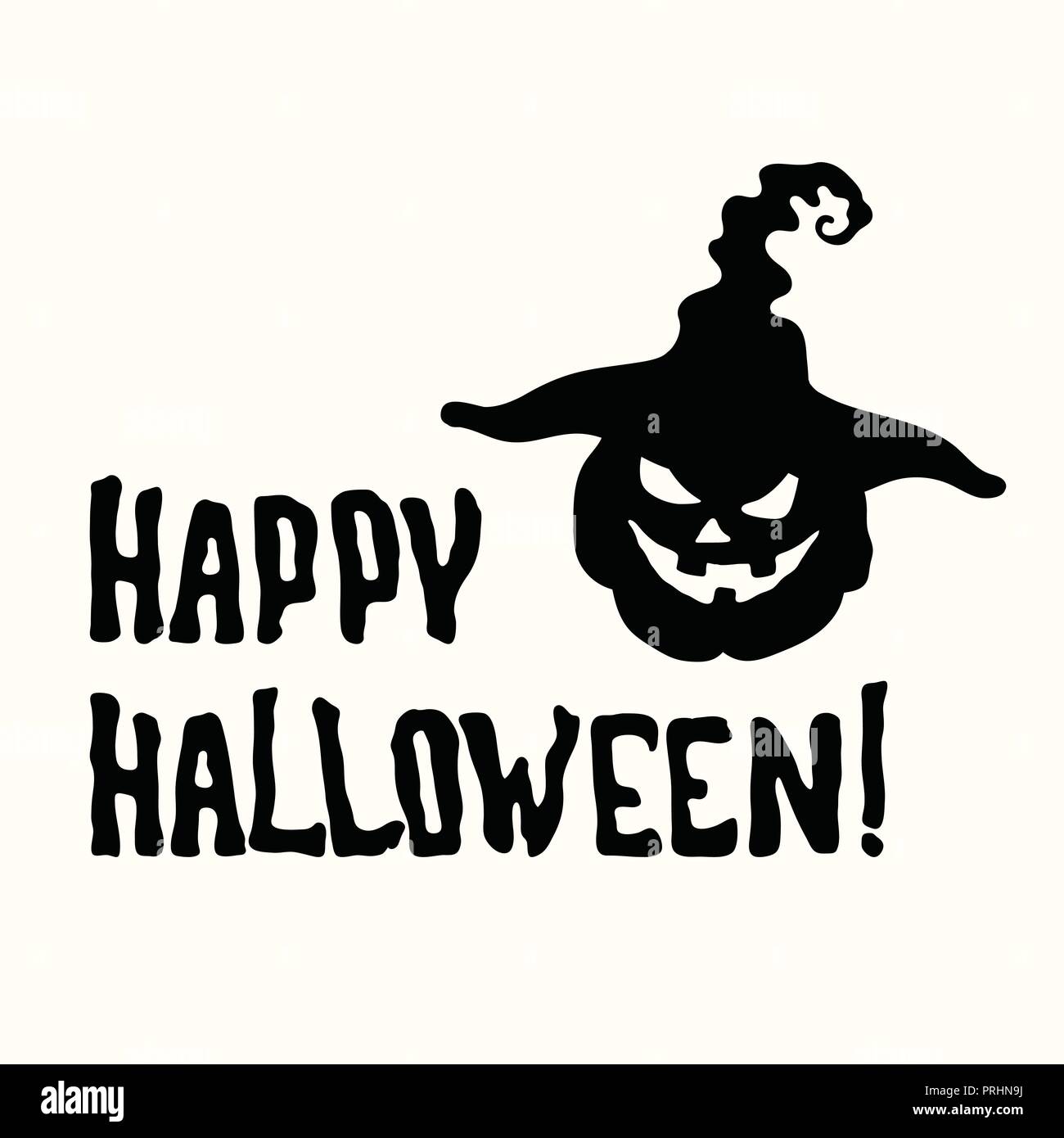 Vettore stencil happy Halloween titolo con zucca lanterna e strega hat isolati su sfondo bianco Illustrazione Vettoriale