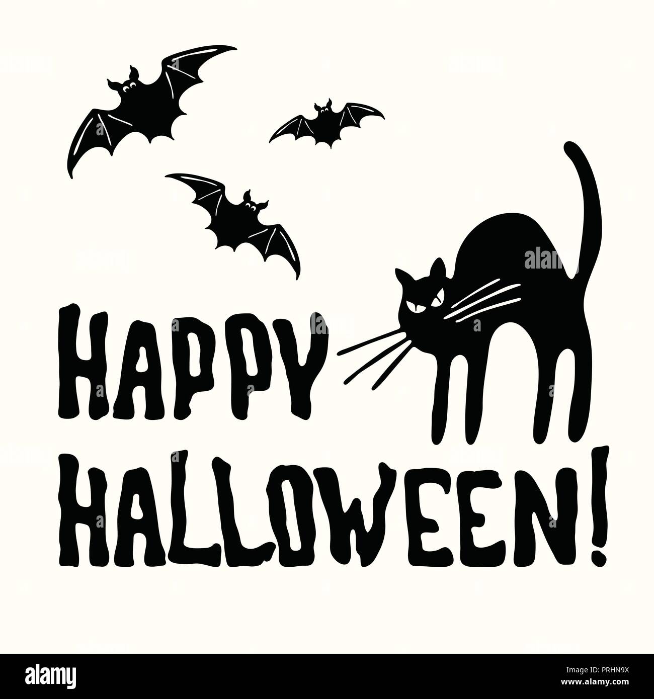 Vettore stencil happy Halloween titolo con zucca lanterna, Gatto nero, witch hat, ghost, la mummia, bat isolati su sfondo bianco Illustrazione Vettoriale