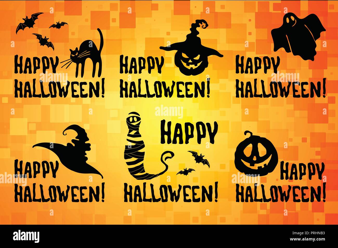 Happy Halloween title set con zucca lanterna, Gatto nero, witch hat, ghost, la mummia, bat sul giallo arancione sfondo. Illustrazione Vettoriale